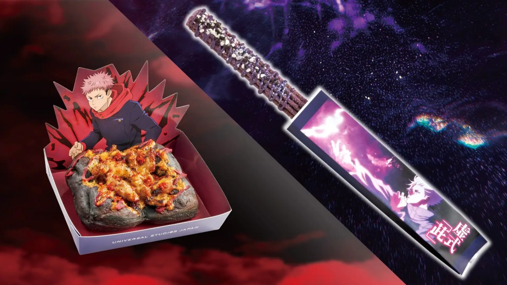 左:「黒閃! チキンピザブレッド ~旨辛ガーリック~」 右:「虚式「茈」 チュリトス ~ミックスベリー味~」